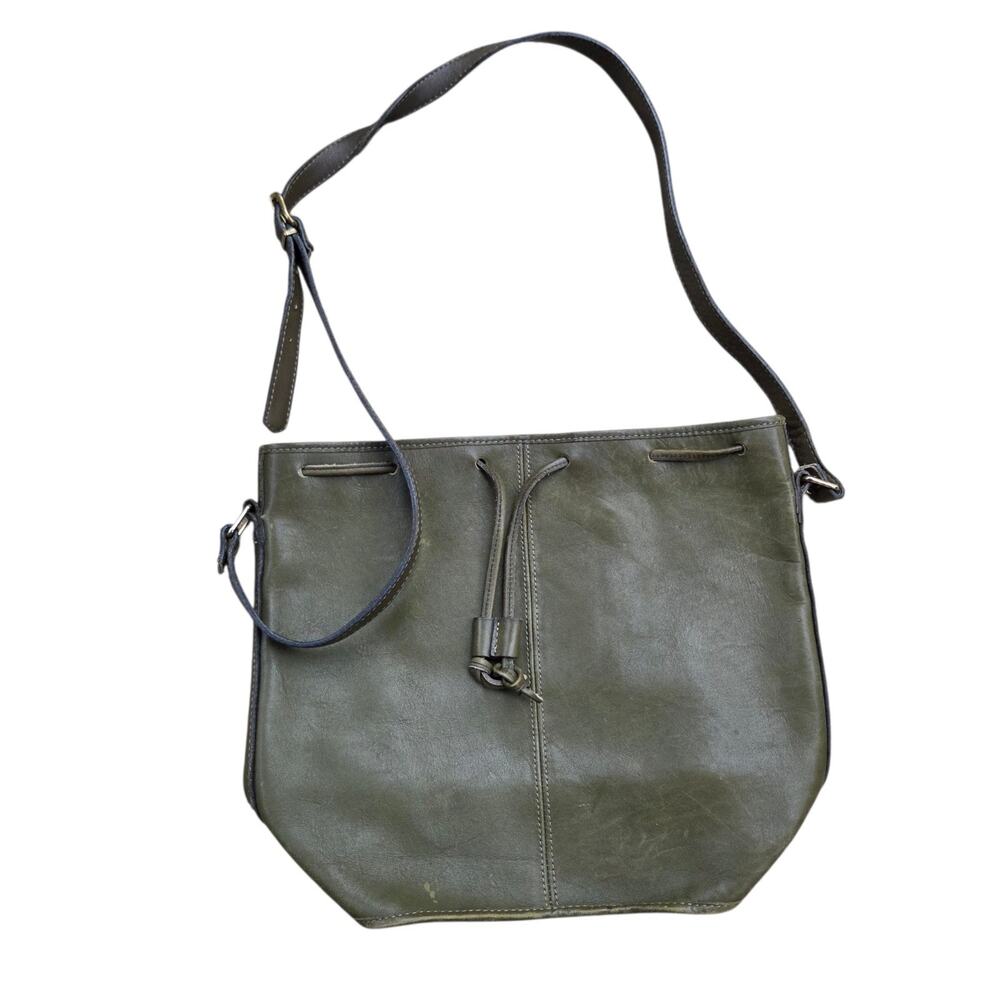 Bucket Bag Womens Olive Green Leather Drawstring Cinch Crossbody Strap Handbag